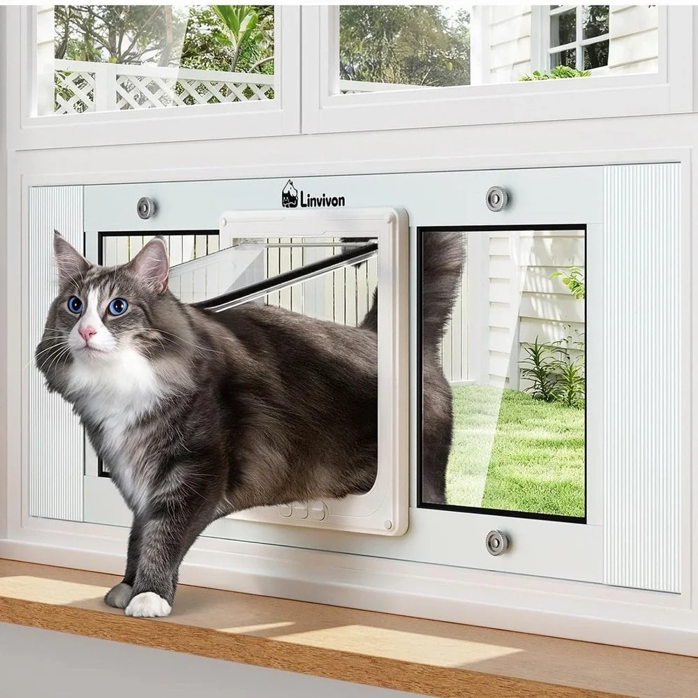 Linvivon Cat Window Door Insert Adjustable 31-36in Magnetic 4 Lock Modes NOB